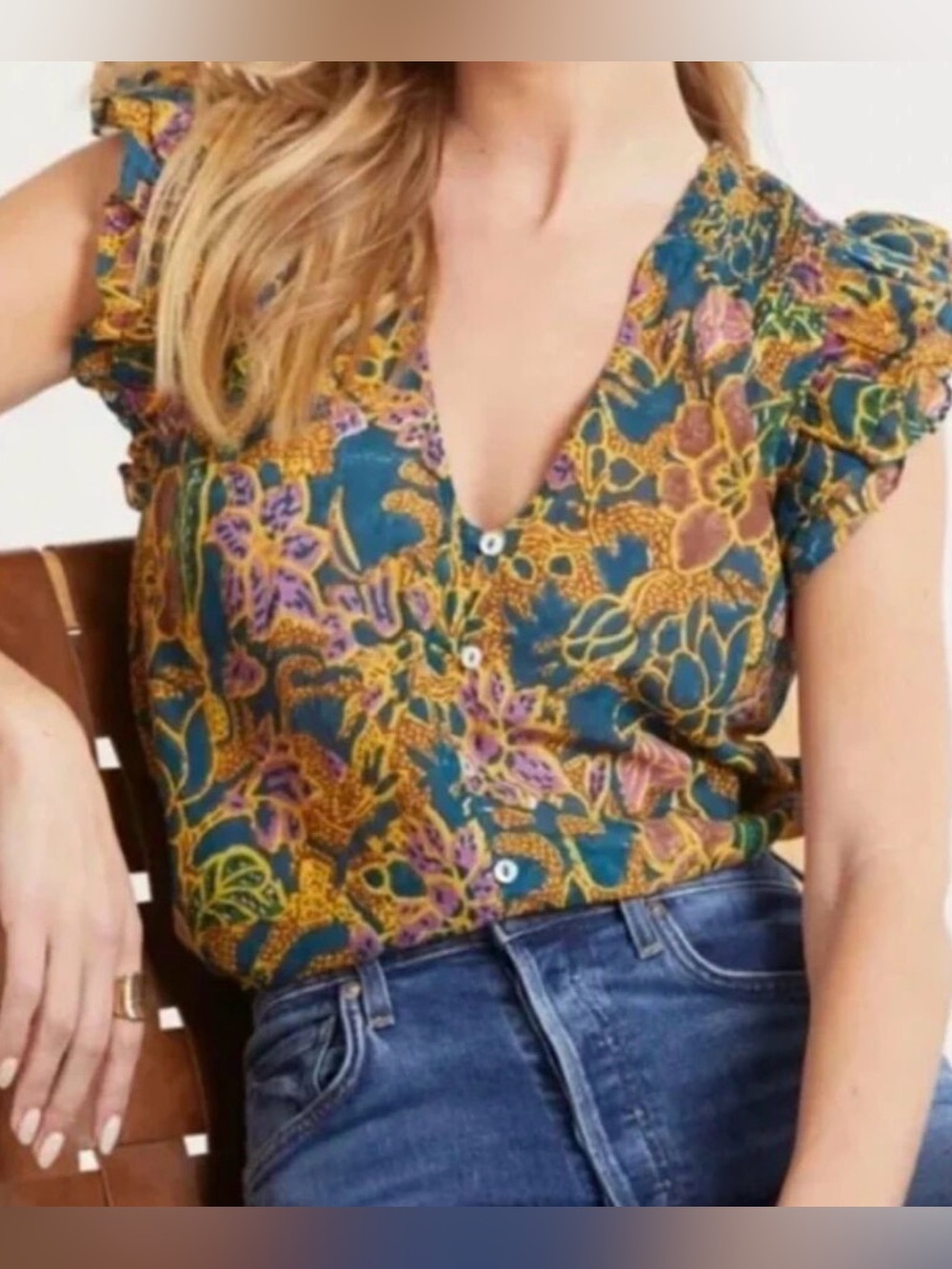 Cleobella Chloe Floral Organic Cotton Woodblock Print Ruffle Blouse Teal XS